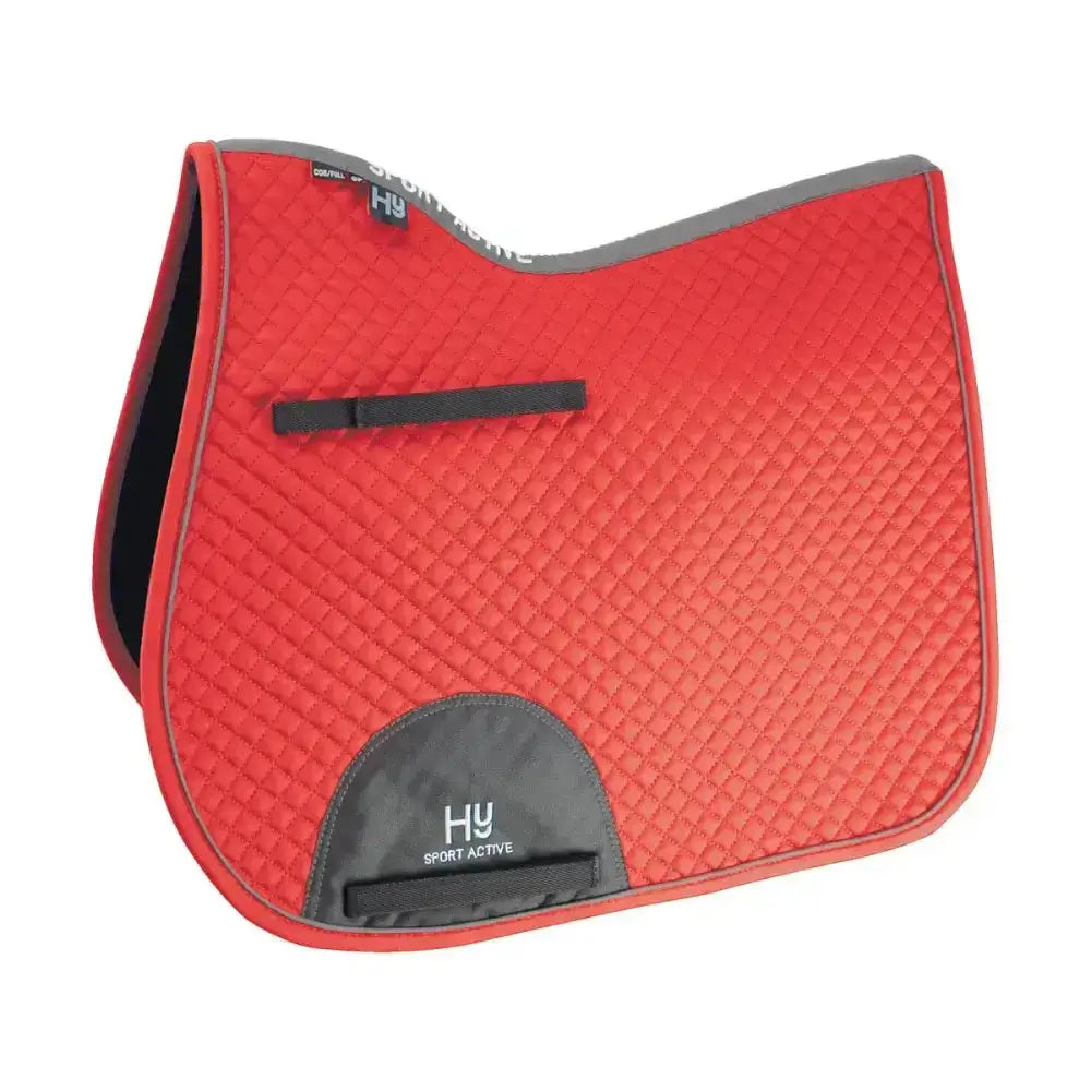 Red quilted classic shaped general purpose saddle pad with gray trim and hy sport active logo for active gp saddle use