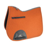 Orange quilted classic shaped general purpose saddle pad with gray trim black accents and hy sport active logo front