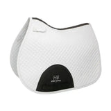 White quilted classic shaped general purpose saddle pad with black trim and hy sport active patch for active gp saddle use