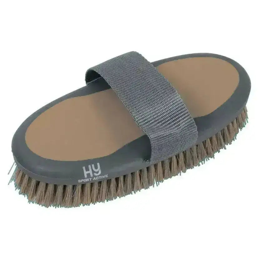 Gray hy sport active groom body brush with natural bristles and textured strap for effective horse grooming