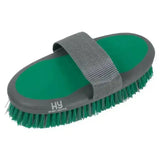 Green bristle sport active groom body brush with gray rubber handle and strap from hy sport active