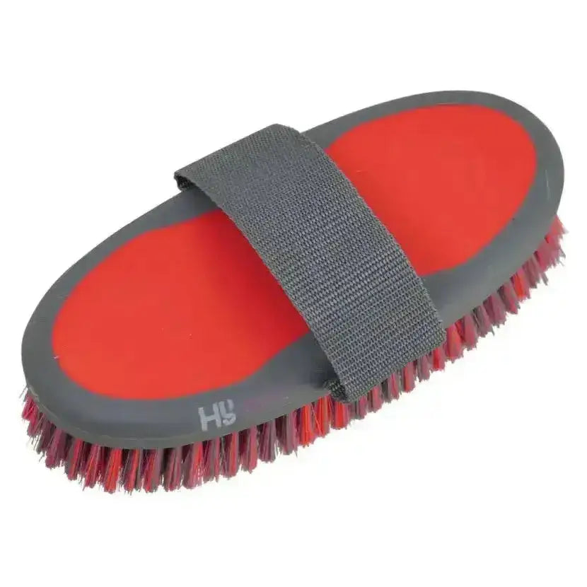 Red and gray hy sport active groom body brush with padded strap for easy handling and grooming horses