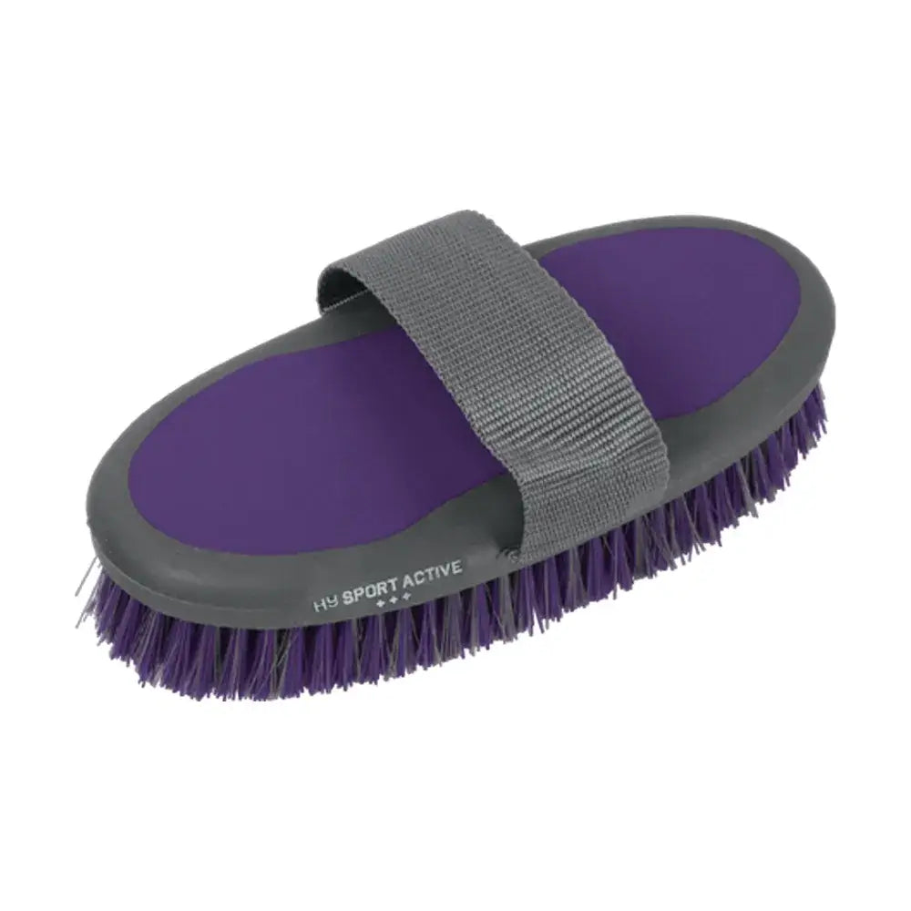 Purple and gray hy sport active groom body brush with padded strap for easy handling and grooming comfort