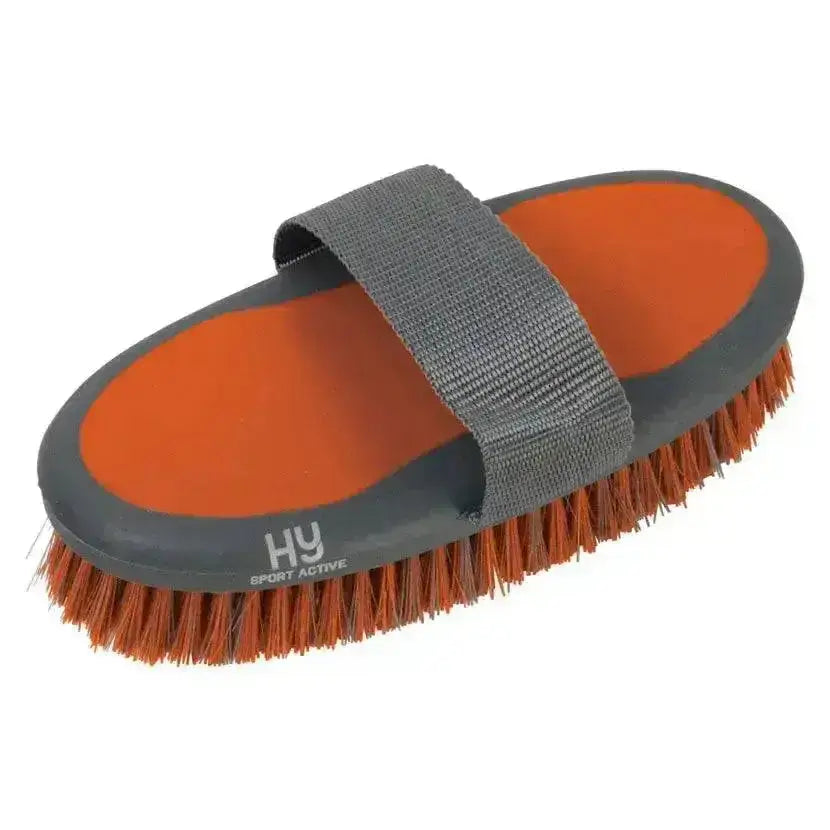 Orange and gray hy sport active groom body brush with textured strap for secure grip and effective grooming