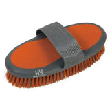 Orange and gray hy sport active groom body brush with textured strap for secure grip and effective grooming