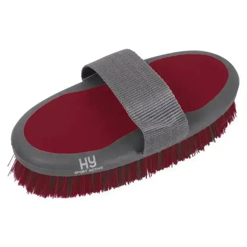 Hy sport active groom body brush red and gray horse brush with textured strap for effective grooming