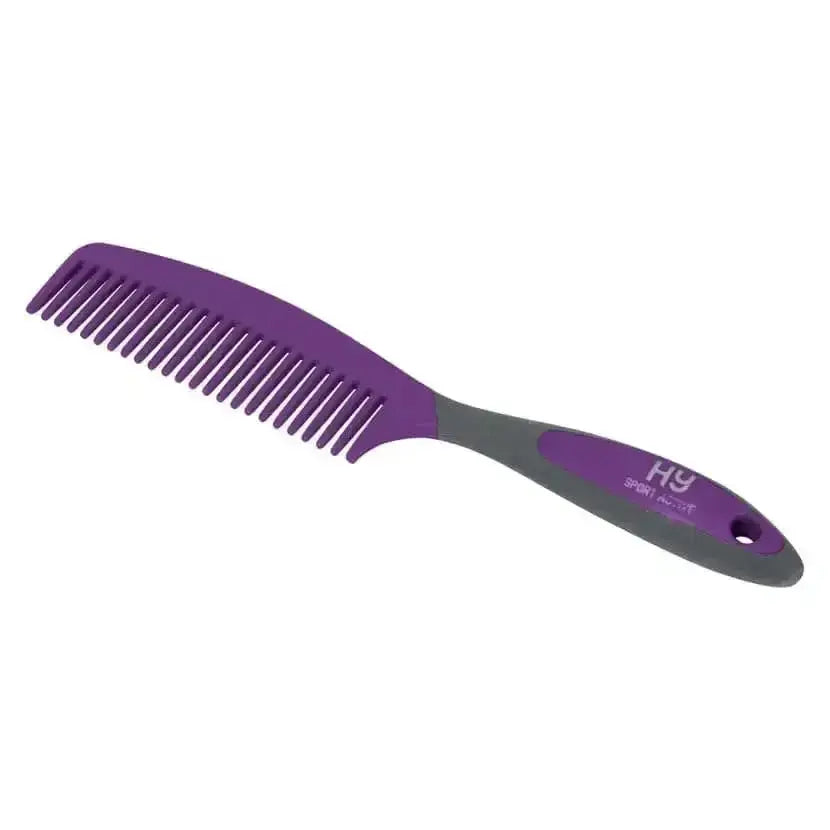 Purple and gray plastic sport active groom comb with a sleek ergonomic handle from combs hy equestrian
