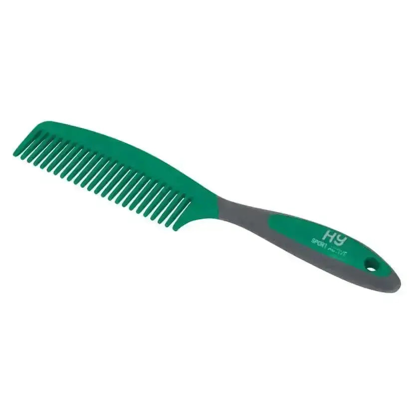 Green and gray plastic active groom comb with sleek ergonomic handle for sport active groom and combs hy equestrian use