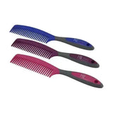 Set of three colorful plastic sport active groom combs with ergonomic handles in blue purple and pink by hy equestrian