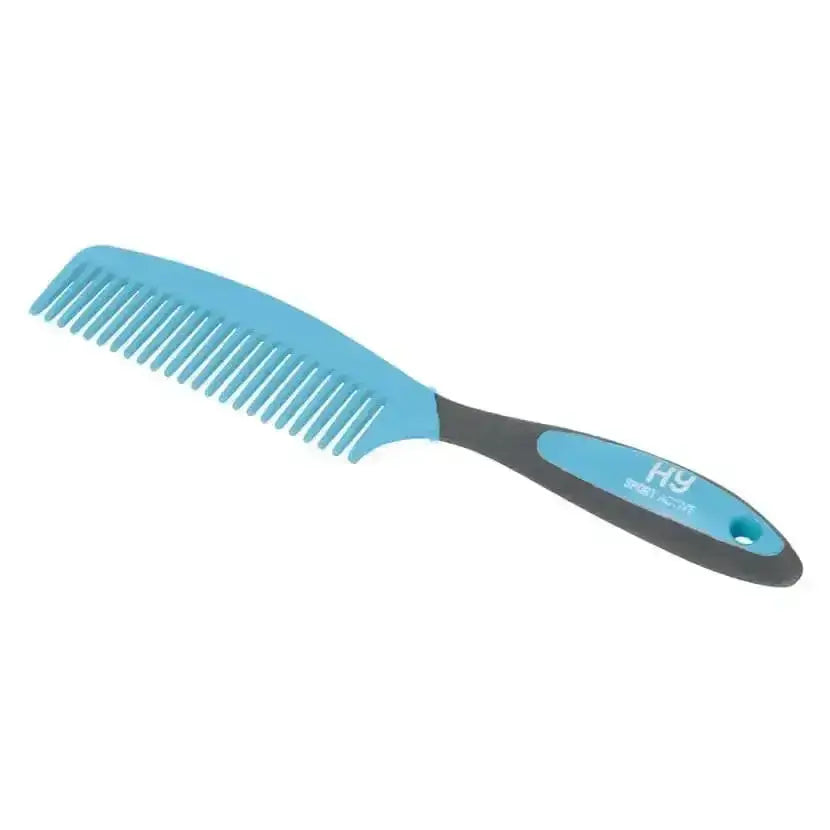 A sleek two-toned blue and gray plastic active groom comb with ergonomic grip from combs hy equestrian sport active groom