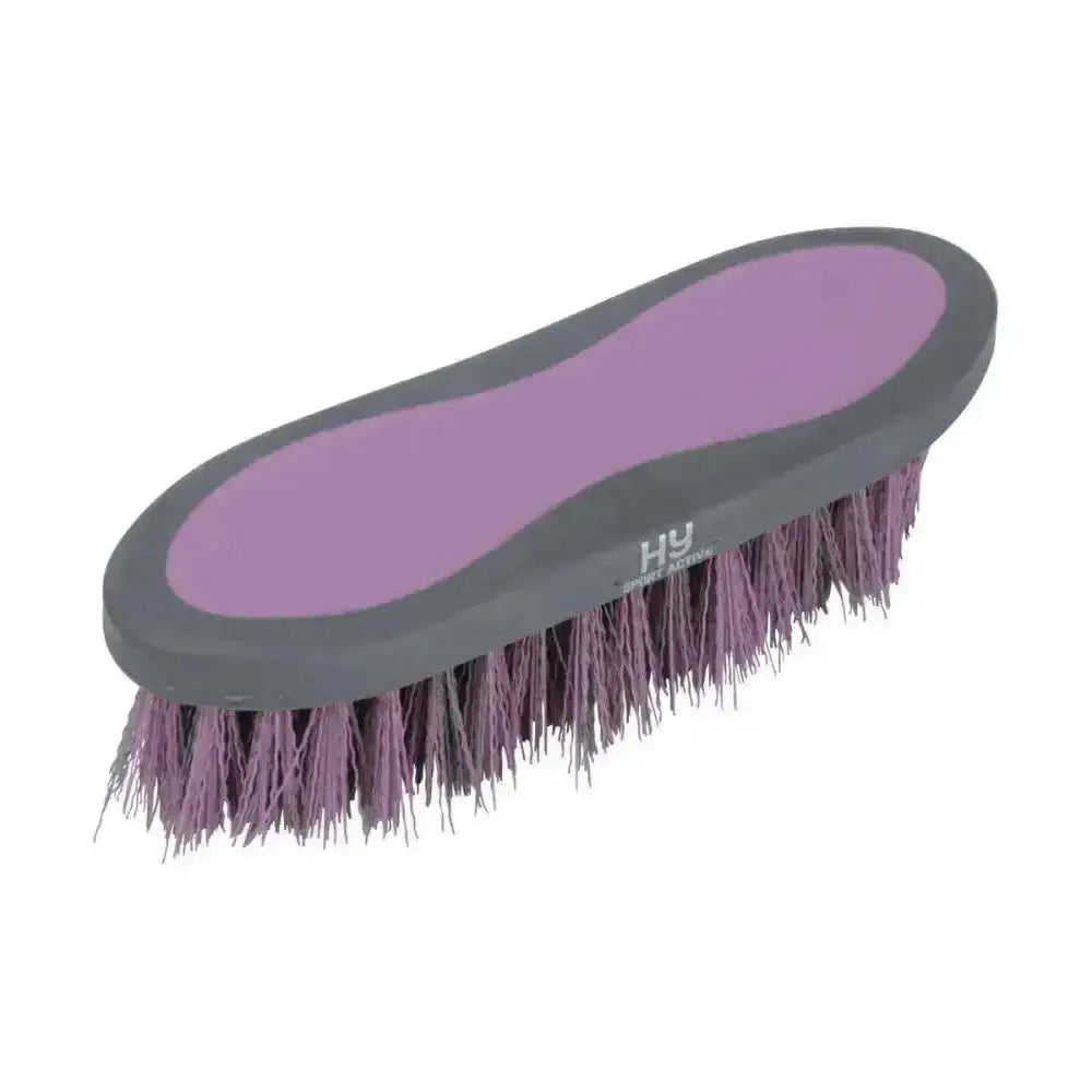 Purple and gray hy sport active groom dandy brush with dense stiff bristles for effective horse grooming