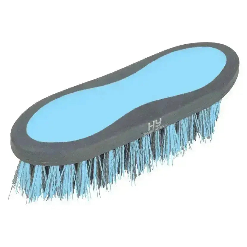 Blue and gray active groom dandy brush with dense light blue bristles for effective horse grooming
