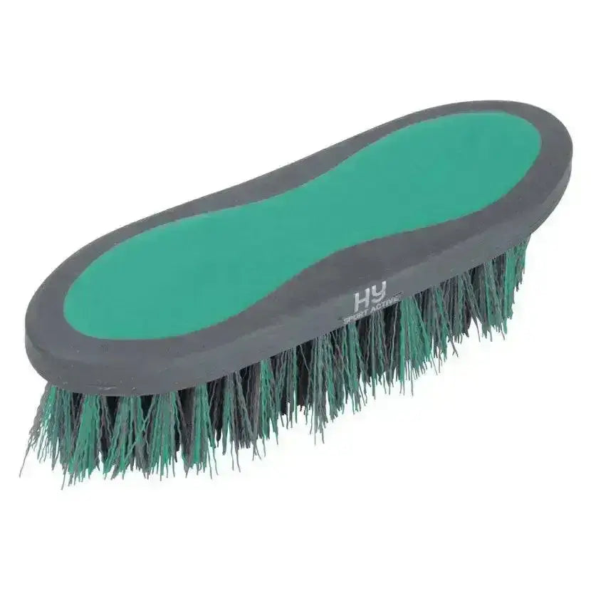 Green and gray Hy Sport active groom dandy brush with dense stiff bristles for effective horse grooming