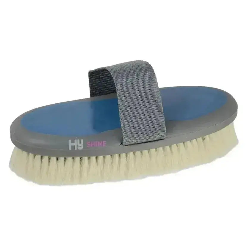 Gray and blue hy sport active groom goat hair body brush with beige bristles and gray adjustable strap for secure grip