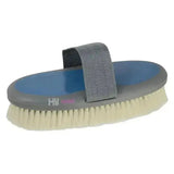 Gray and blue hy sport active groom goat hair body brush with beige bristles and gray adjustable strap for secure grip