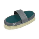 Gray and teal hy sport active groom goat hair body brush with a wide dense row of off-white bristles