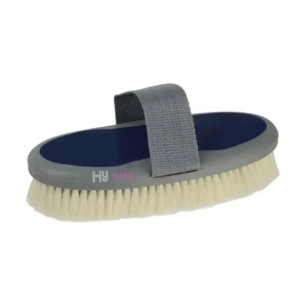 Gray and navy blue hy sport active groom goat hair body brush with gray strap and dense off-white bristles