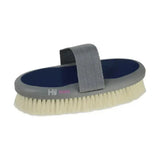Gray and navy blue hy sport active groom goat hair body brush with gray strap and dense off-white bristles