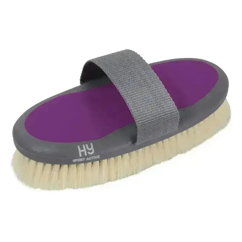 Purple and gray hy sport active groom goat hair body brush with wide soft-bristled head for smooth grooming
