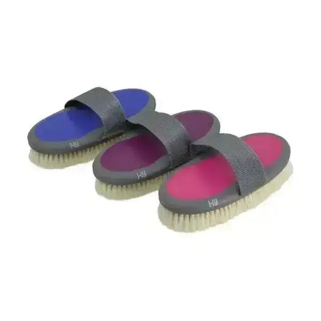 Three hy sport active groom goat hair body brushes with gray straps and blue pink interiors and light bristles