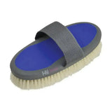 Gray and blue hy sport active groom goat hair body brush with wide dense off-white bristles for smooth grooming