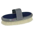 Gray and navy blue hy sport active groom goat hair body brush with gray strap for easy handling and grip
