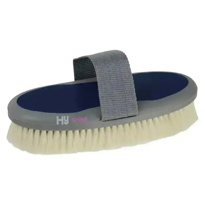 Gray and navy blue hy sport active groom goat hair body brush with gray strap for easy handling and grip