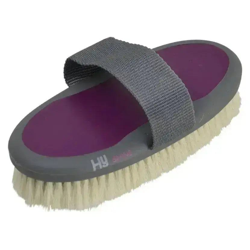 Purple and gray goat hair body brush with wide dense natural bristles for sport active groom use