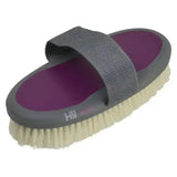 Purple and gray goat hair body brush with wide dense natural bristles for sport active groom use