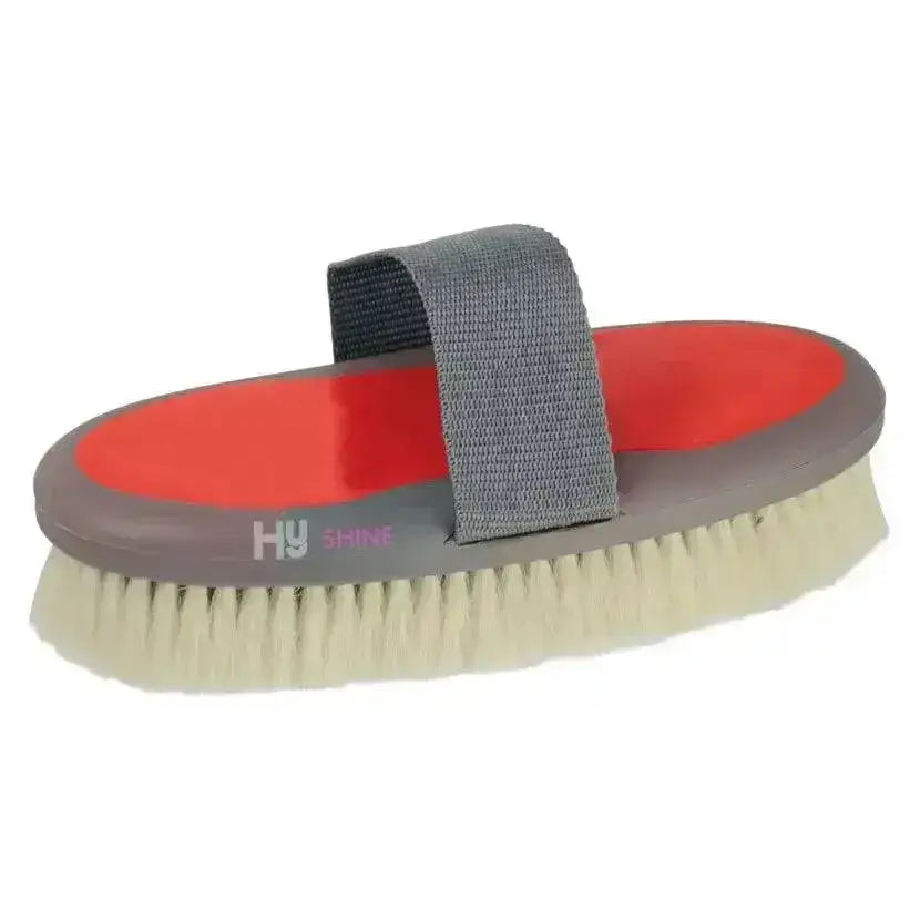 Red and gray hy sport active groom goat hair body brush with white bristles and gray strap for easy handling