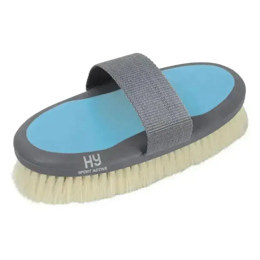 Gray and light blue hy sport active goat hair body brush with textured strap for sport active groom use