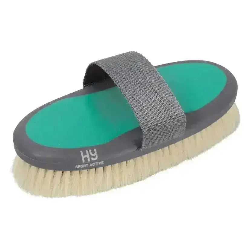 Gray and teal hy sport active goat hair body brush with soft wide bristles and adjustable strap for easy handling