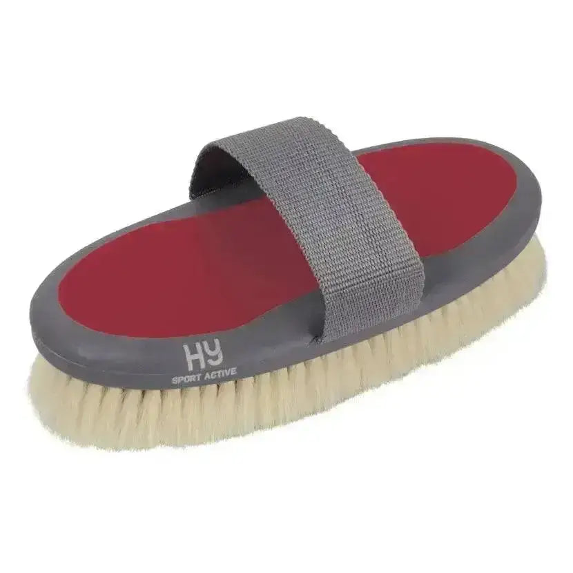 Gray and red hy sport active groom goat hair body brush with beige bristles for active horse grooming