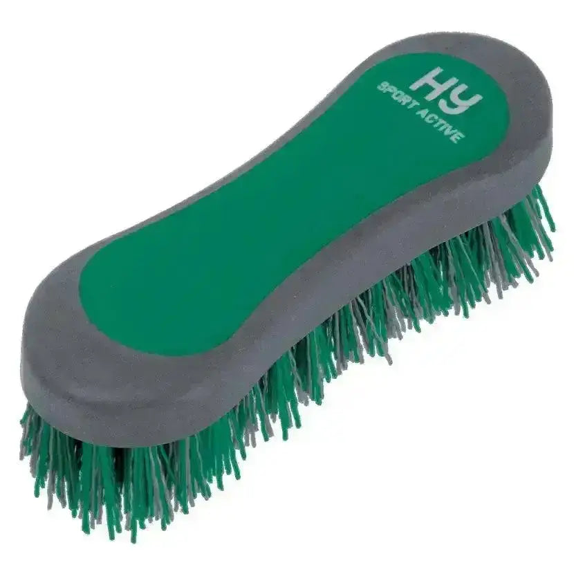 Green and gray hy sport active groom hoof brush with dense bristled handle for equestrian active groom use