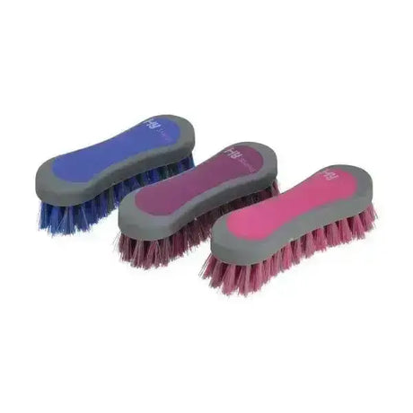 Three colorful hy sport active groom hoof brushes with ergonomic gray handles and vibrant blue purple and pink bristles
