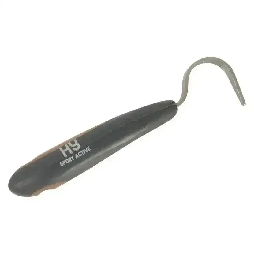 Black ergonomic handle with curved metal hook soft touch stainless active groom hoof by hy sport active