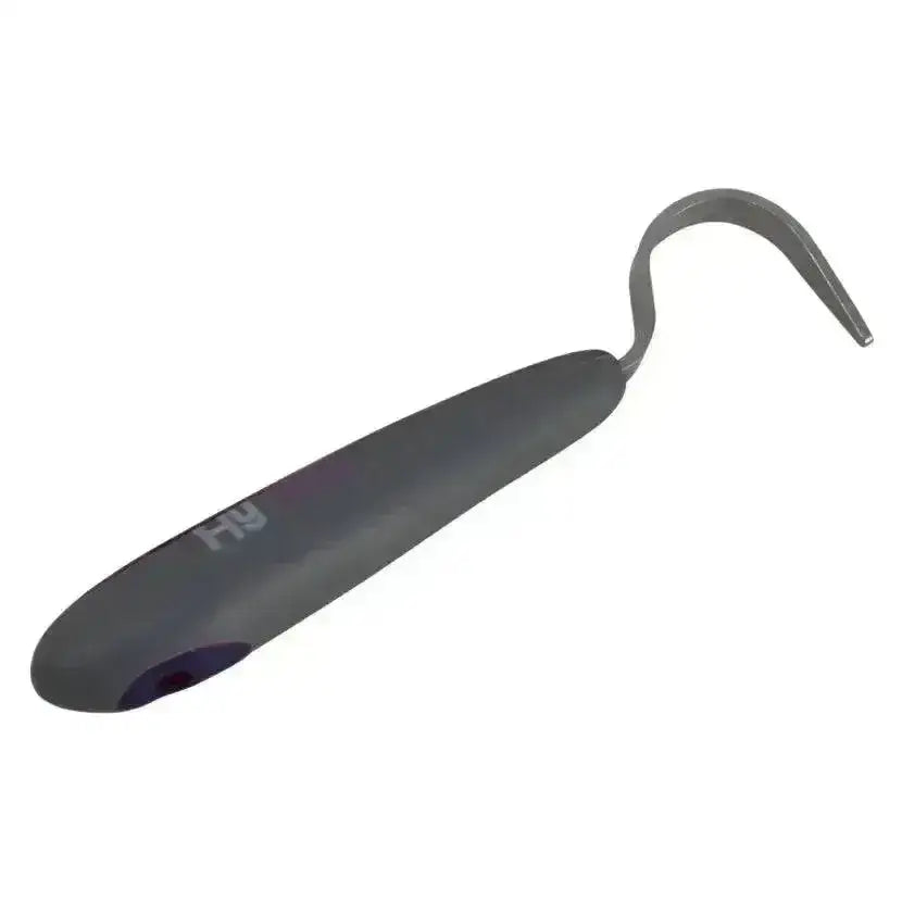 Gray plastic handled hy sport active groom hoof pick with curved soft touch stainless metal tip for easy cleaning