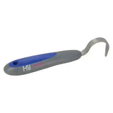 Gray and blue plastic handled hy sport active groom hoof pick with soft touch stainless curved metal tip for easy cleaning