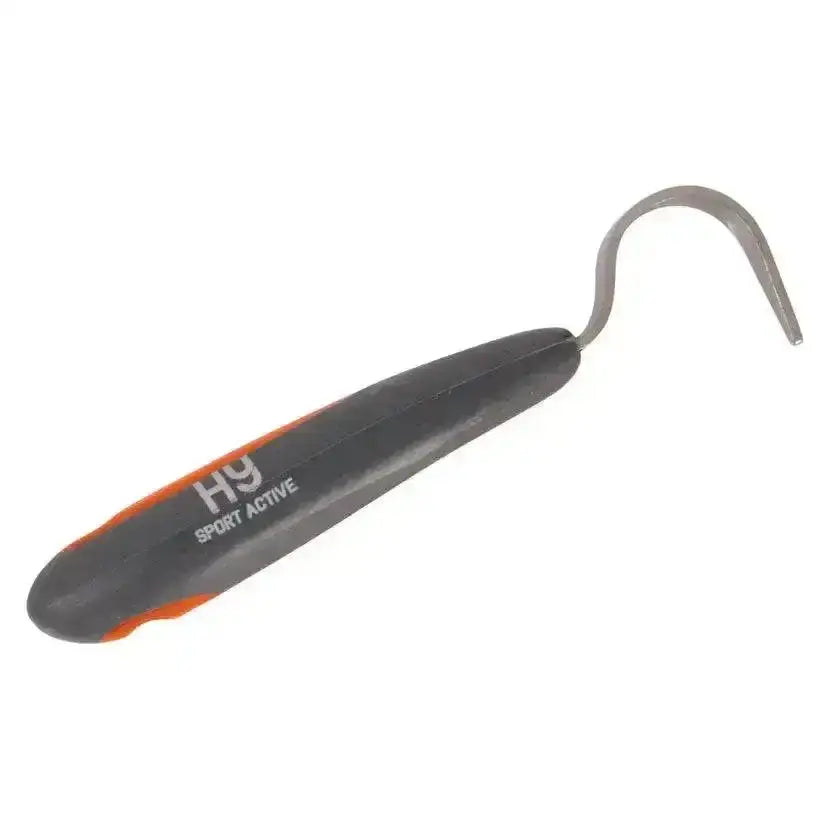 Black and orange hy sport active groom hoof pick with ergonomic soft touch stainless handle and curved metal hook
