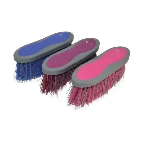 Three colorful hy sport active groom long bristle dandy brushes with blue purple and pink bristle heads on gray handles