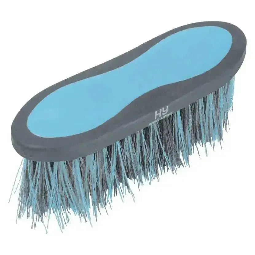 Blue and gray sport active groom long bristle dandy brush with dense multicolored bristles for horse grooming