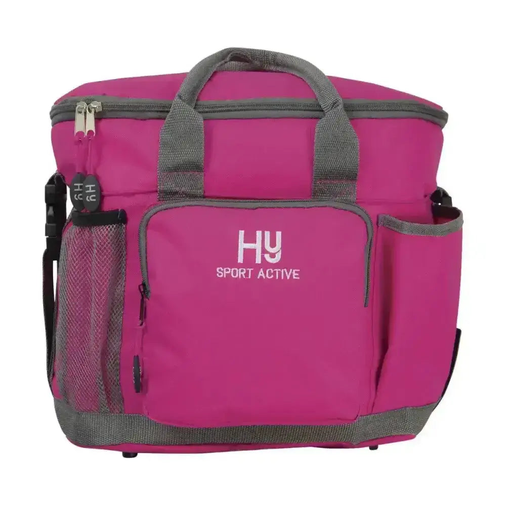 Pink and gray hy sport active grooming bag with mesh side pockets and front zippered compartment keeps essentials neat