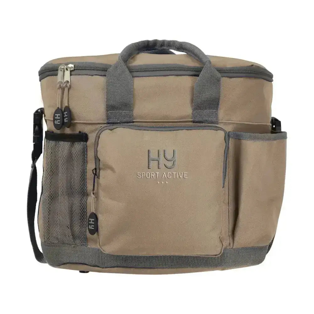 Beige and gray hy sport active grooming bag with mesh side pockets and reinforced handles to keep essentials neat