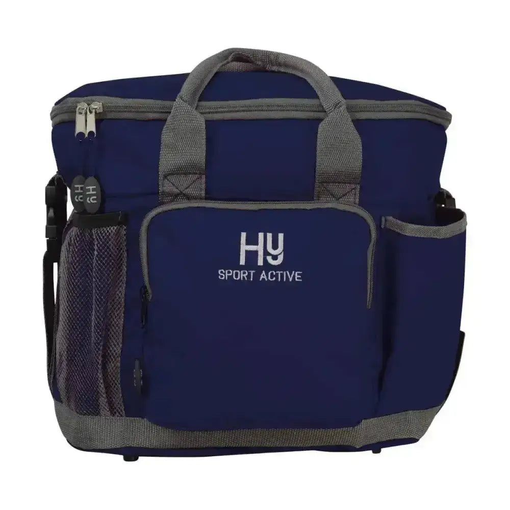 Navy blue insulated hy sport active grooming bag with gray accents and multiple compartments keeps grooming essentials neat