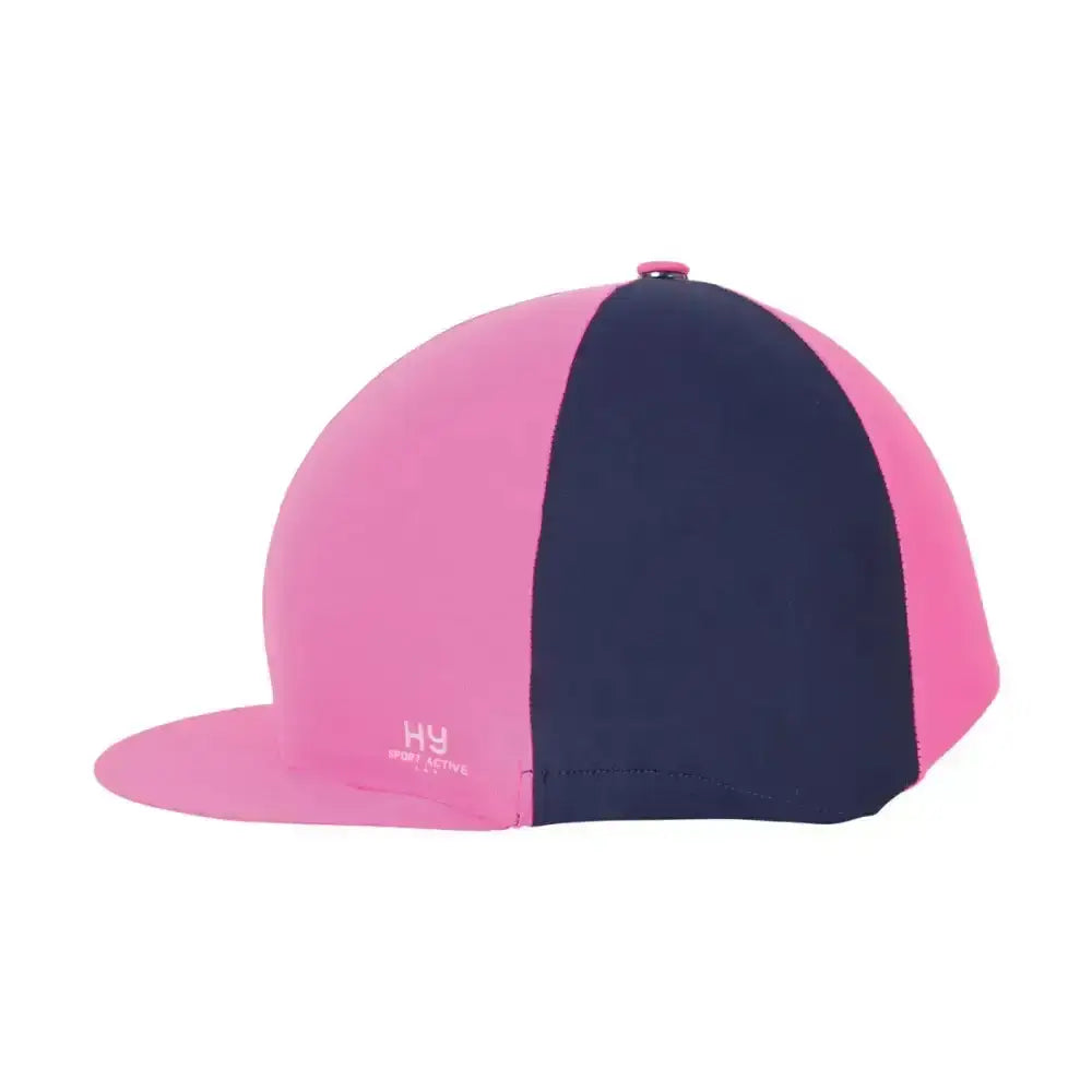 A vibrant pink and navy blue silk sport active hat with a flat brim and silver hy sport logo from coloured collections perfect