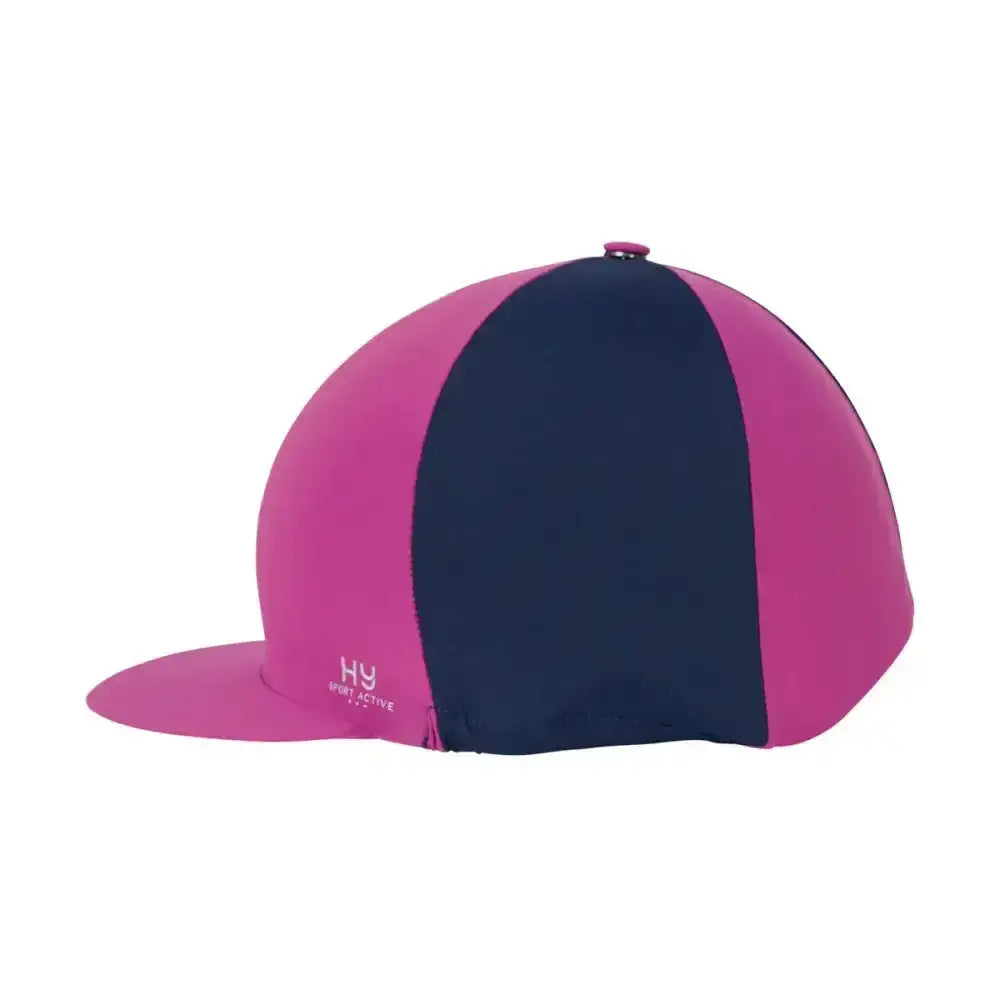 A vibrant pink and navy blue striped silk hy sport active hat cover from coloured collections perfectly fitted design