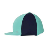 A teal and navy blue two-tone sport active hat silk equestrian helmet cover with a flat brim from coloured collections perfectly