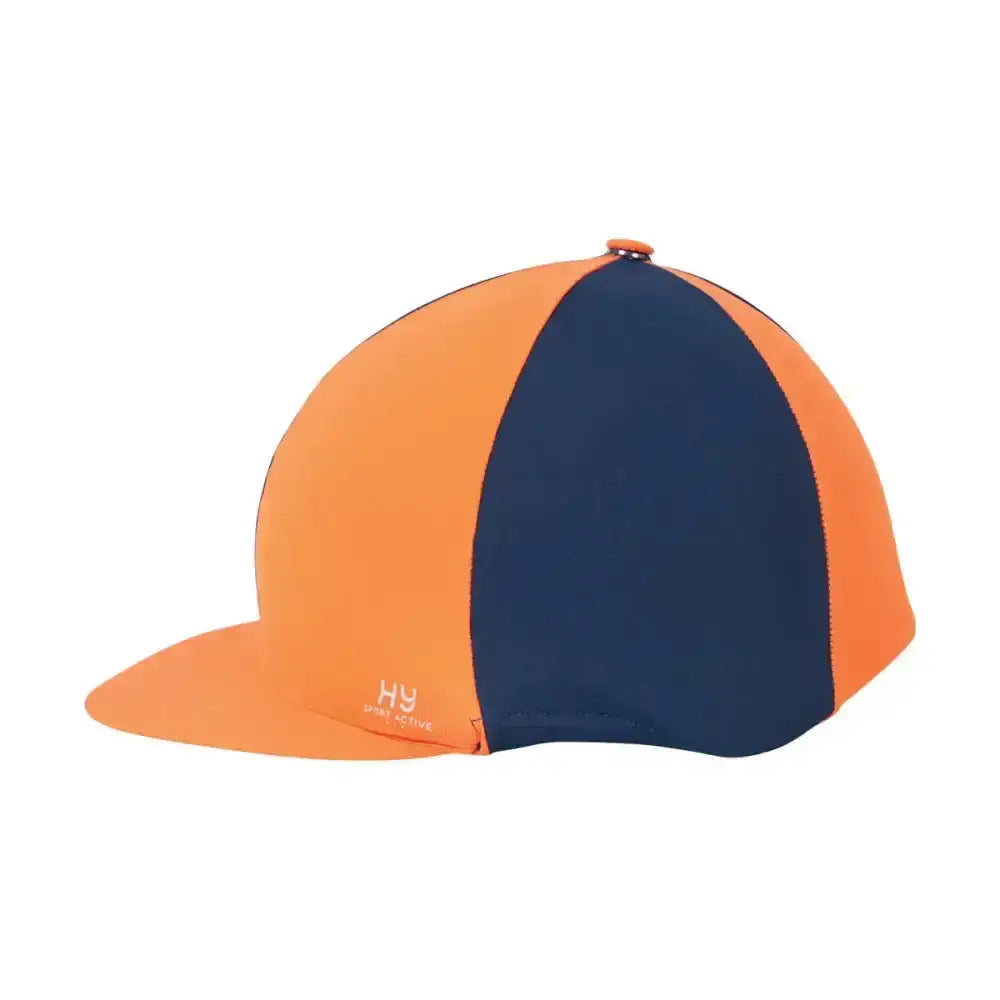 Orange and navy blue two-tone sport active hat silk with small orange button from silver hy sport coloured collections perfectly