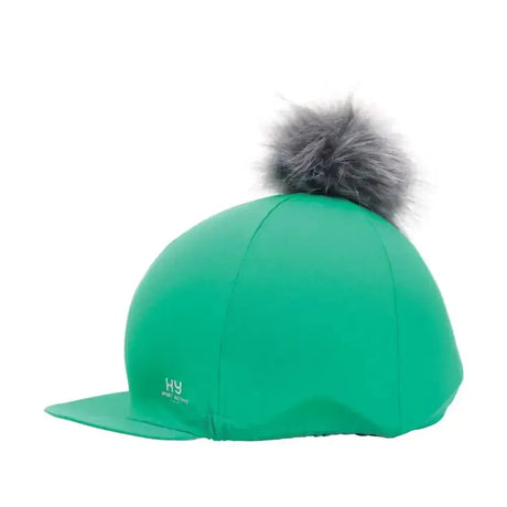 Vibrant green hy sport active hat silk with gray faux fur interchangeable pom pom for equestrian use