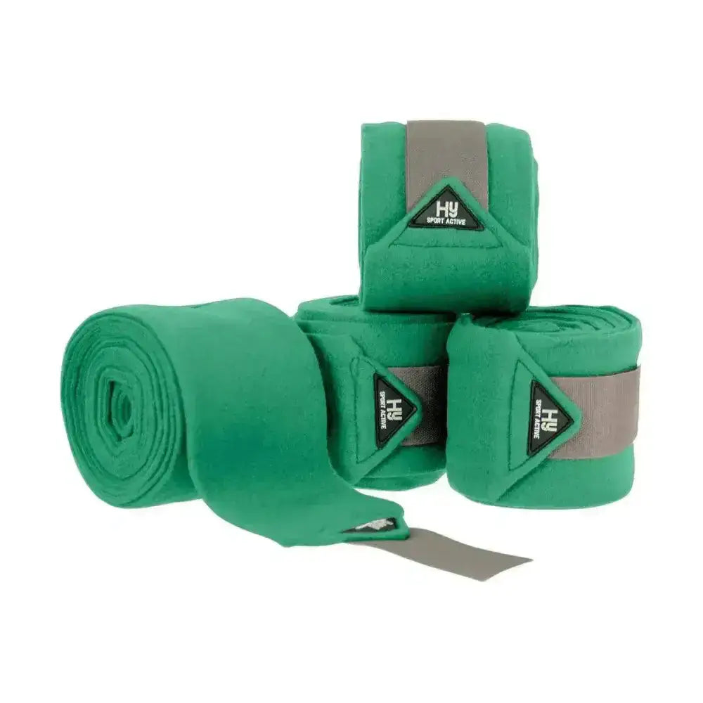Green horse wrap with gray elastic band and black triangular logo from hy sport active luxury bandages exclusively designed for performance